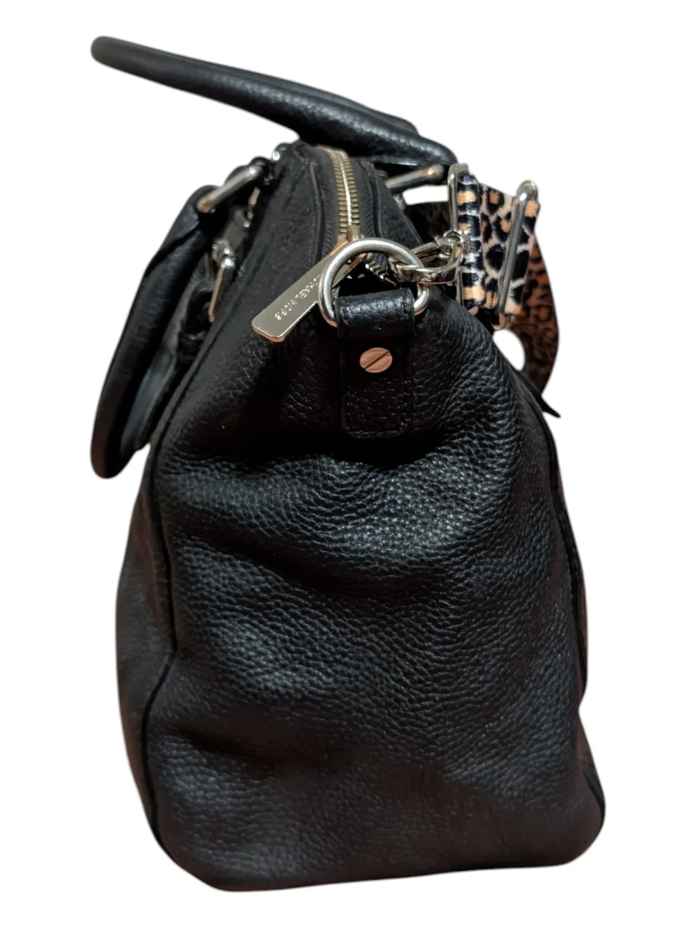 Michael Kors Black Pebbled Leather Satchel with Leopard Strap